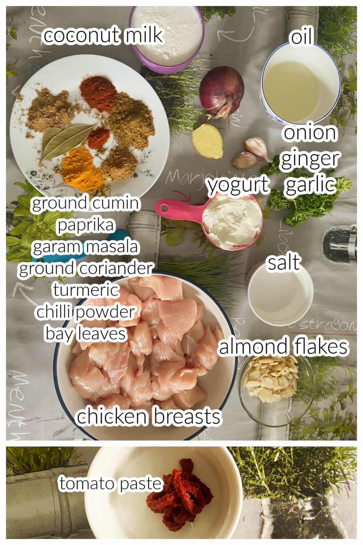 Ingredients used to make chicken korma.