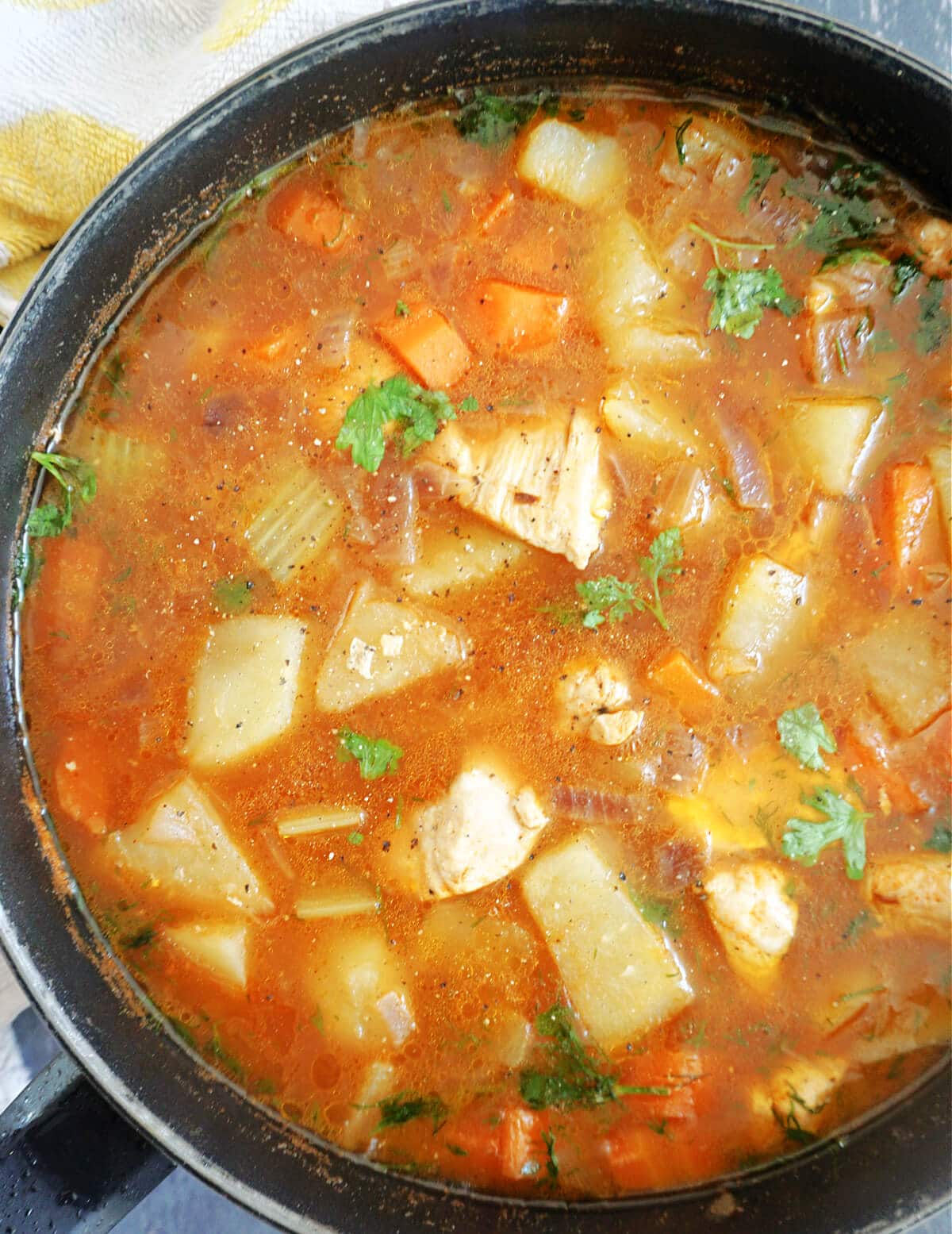 Close-up shot of a pan with chicken and vegetable stew.