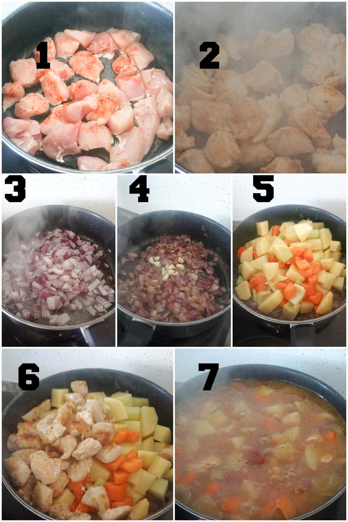 Collage of 7 photos to show how to make chicken and potato stew.