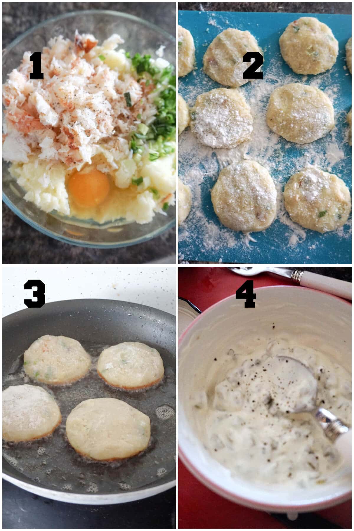 Collage of 4 pictures to show how to make crab cakes with tartar sauce.