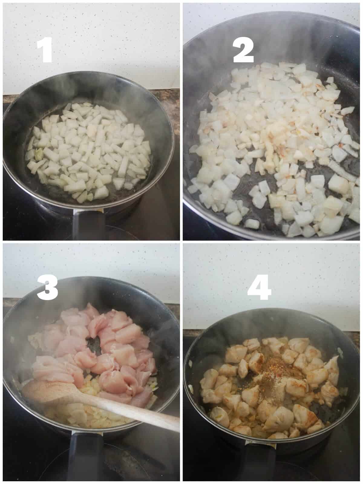 Collage of 4 photos to show how to make chicken korma