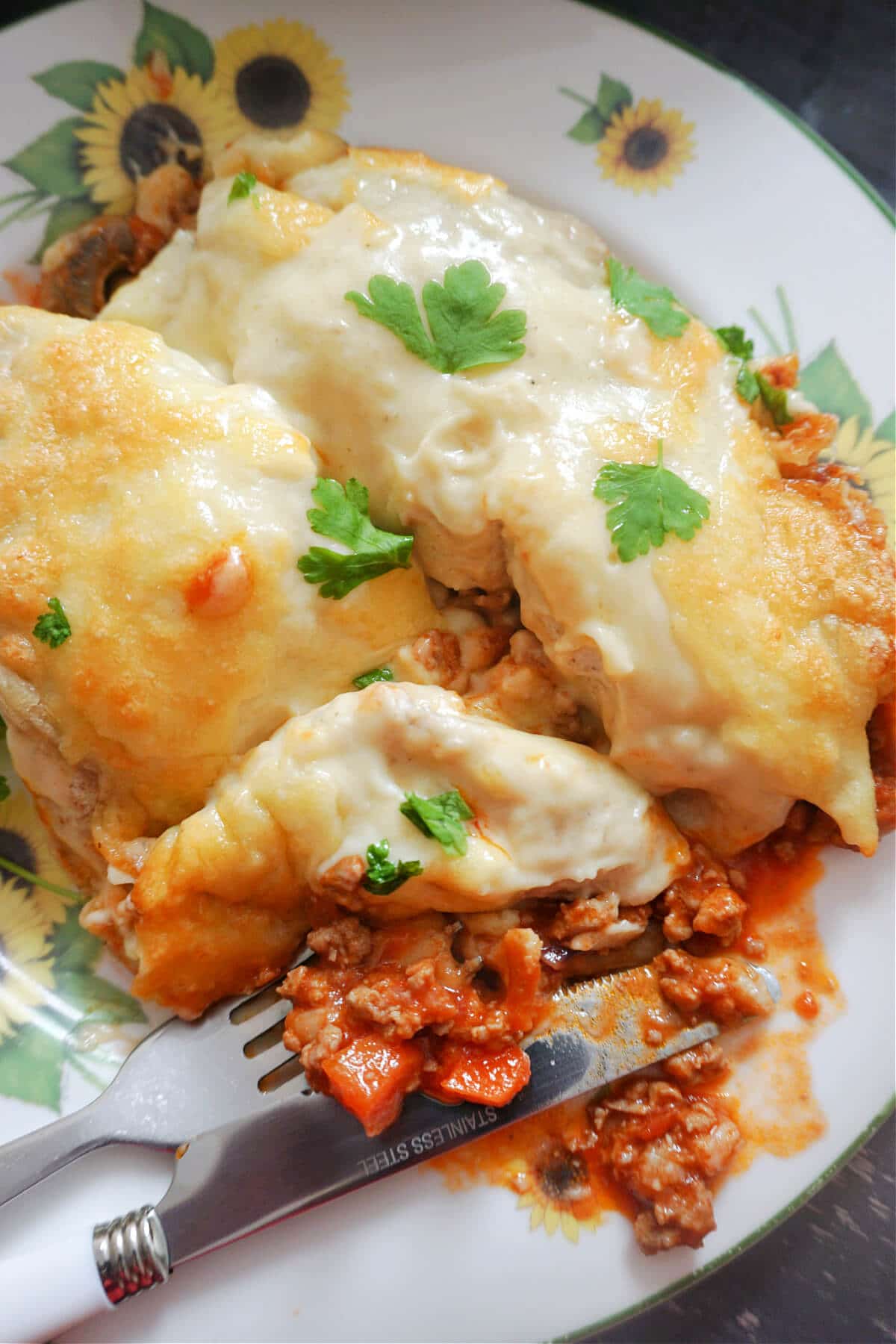 Close-up shot of 2 enchiladas on a white plate.