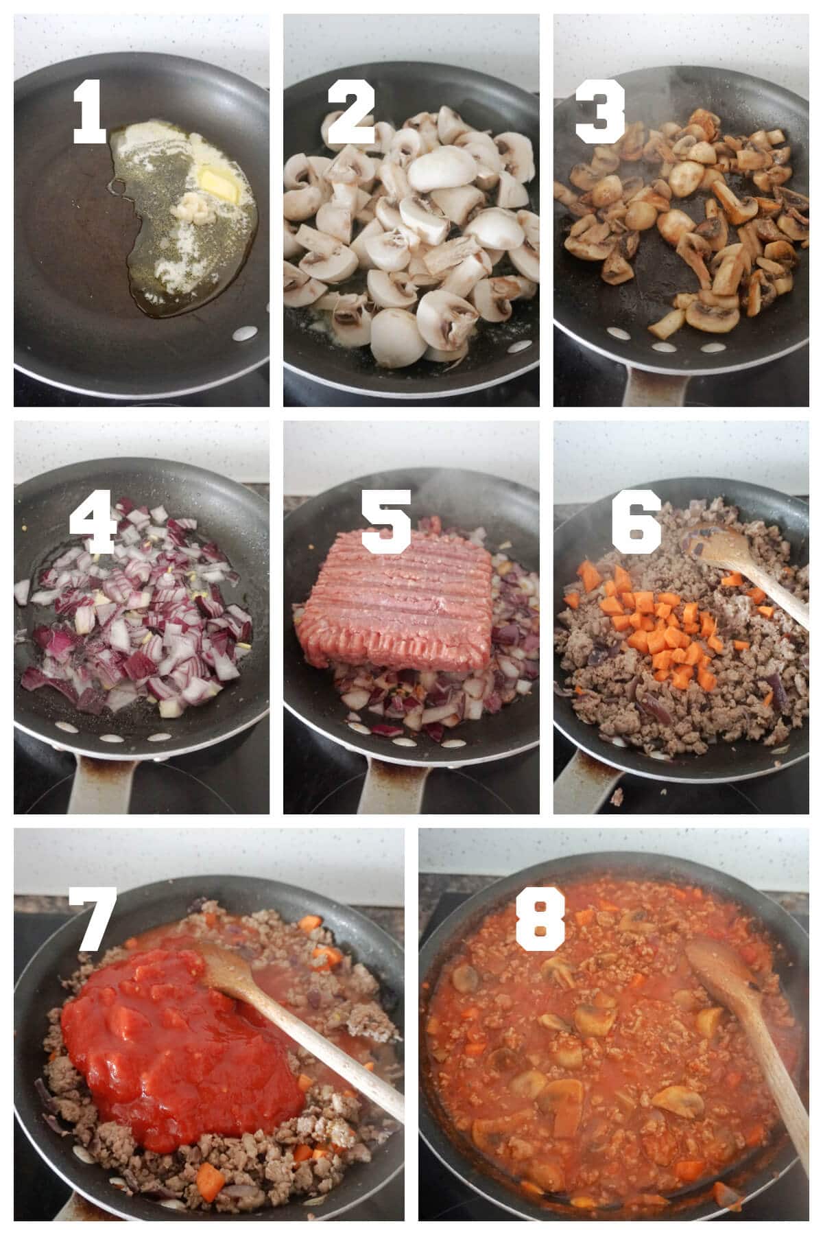 Collage of 8 photos to show how to make turkey enchiladas.