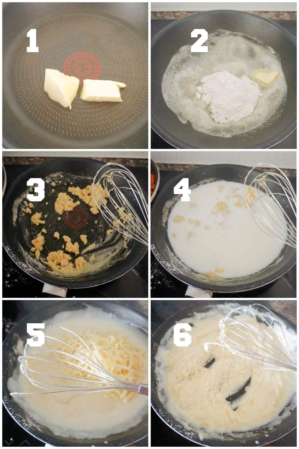 Collage of 6 photos to show how to make the white sauce for enchiladas.