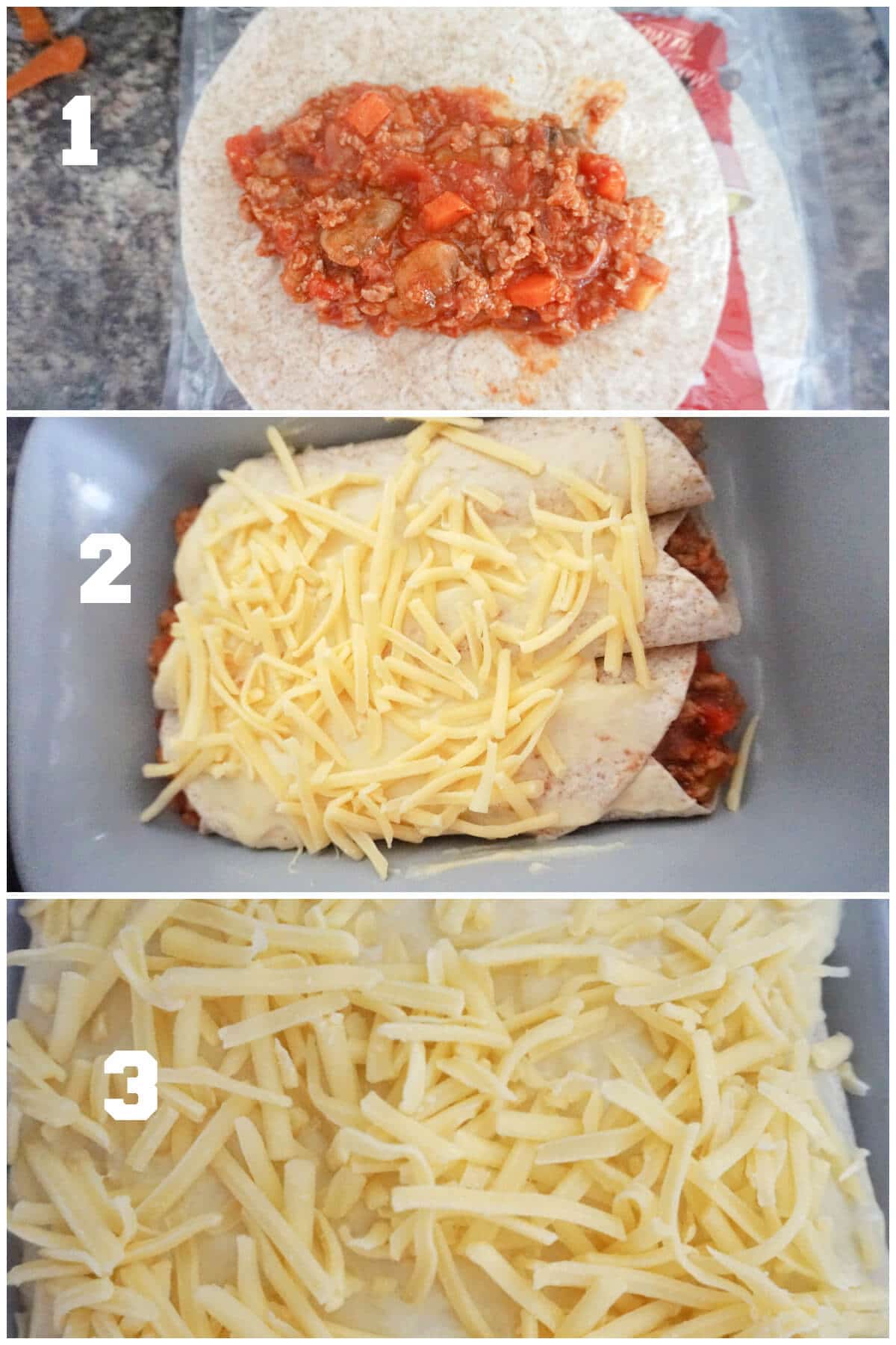 Collage of 3 photos to show how to assemble the enchiladas.