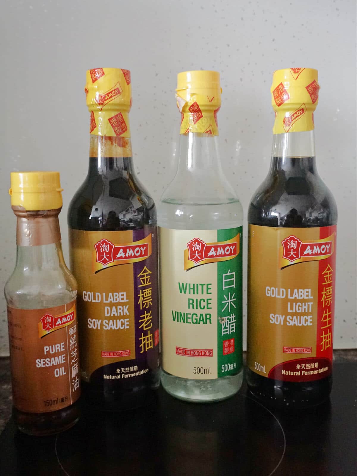 A picture with the sauces needed to make homemade stir fry sauce