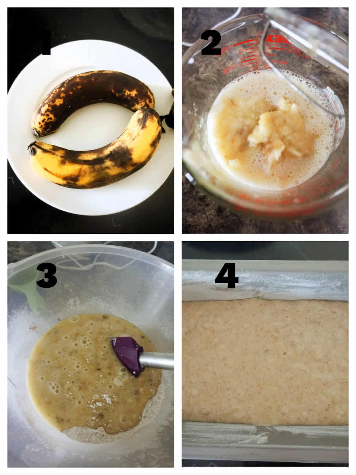 Collage of 4 photos to show how to make banana bread.