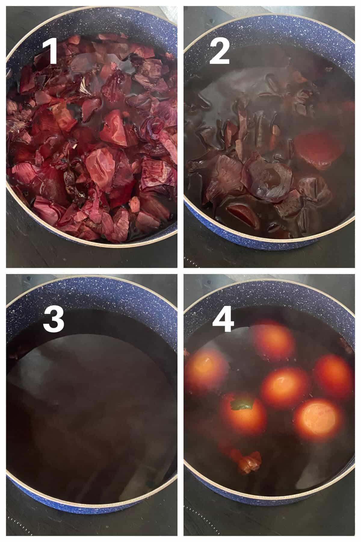 Collage of 4 photos to show how to dye eggs red for Easter.