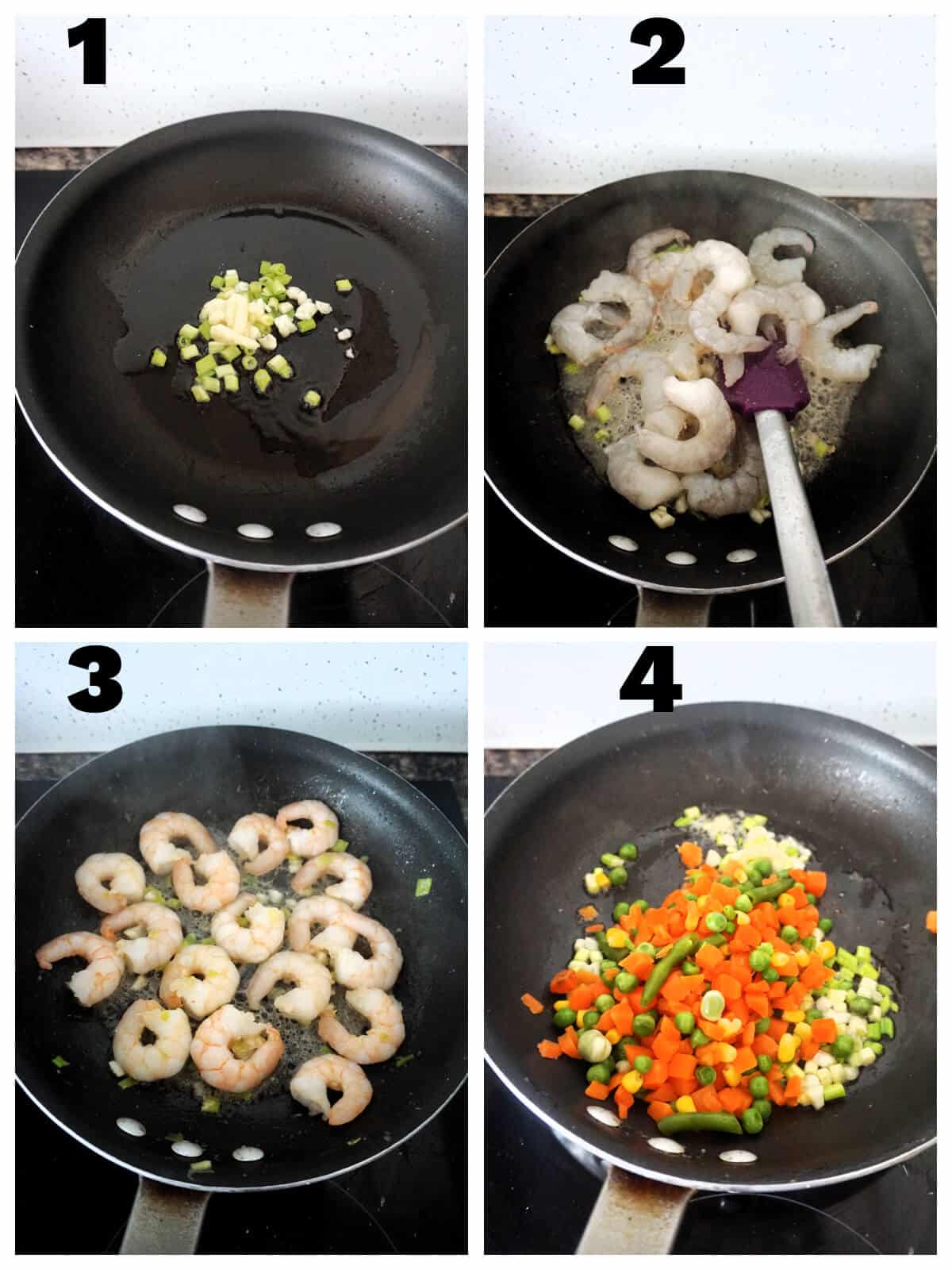 Collage of 4 photos to show how to make egg fried rice.