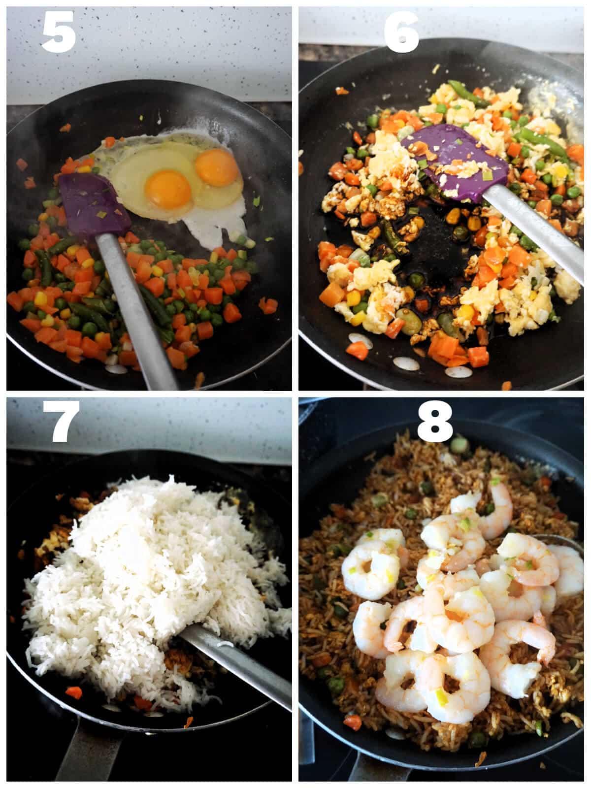 Collage of 4 photos to show how to make prawn egg fried rice.