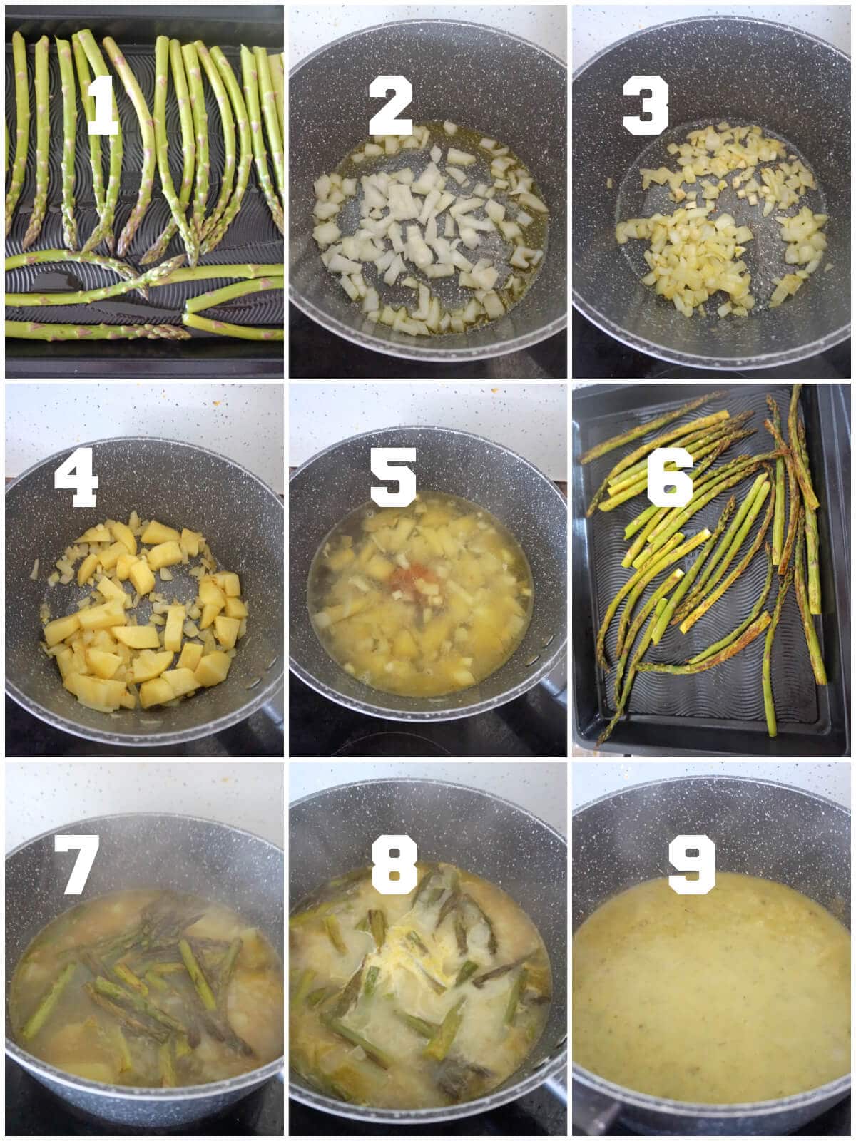 Collage of 9 photos to show how to make roasted asparagus soup.