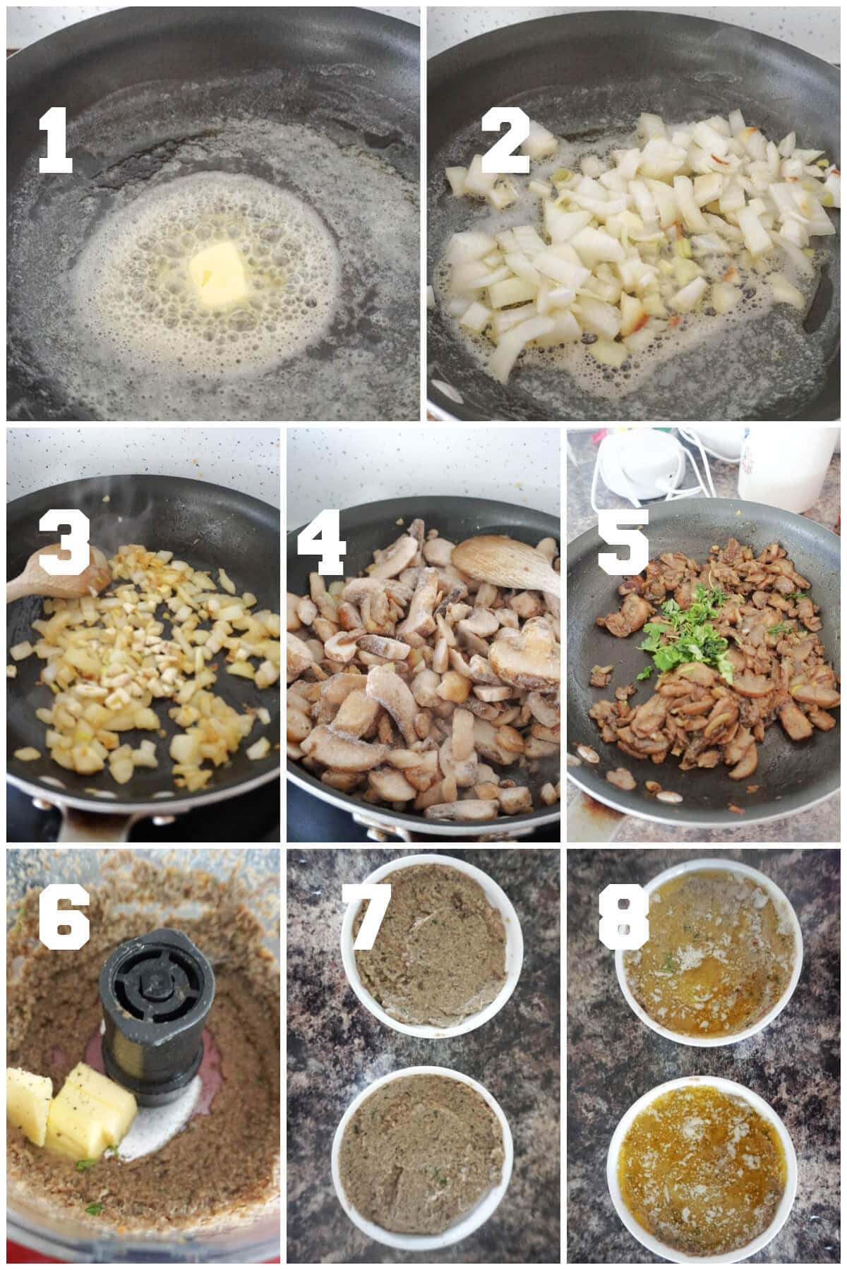 Collage of 8 photos to show how to make mushroom pate.