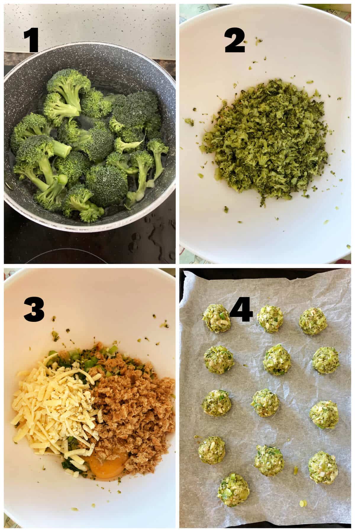 Collage of 4 photos to show how to make broccoli bites.