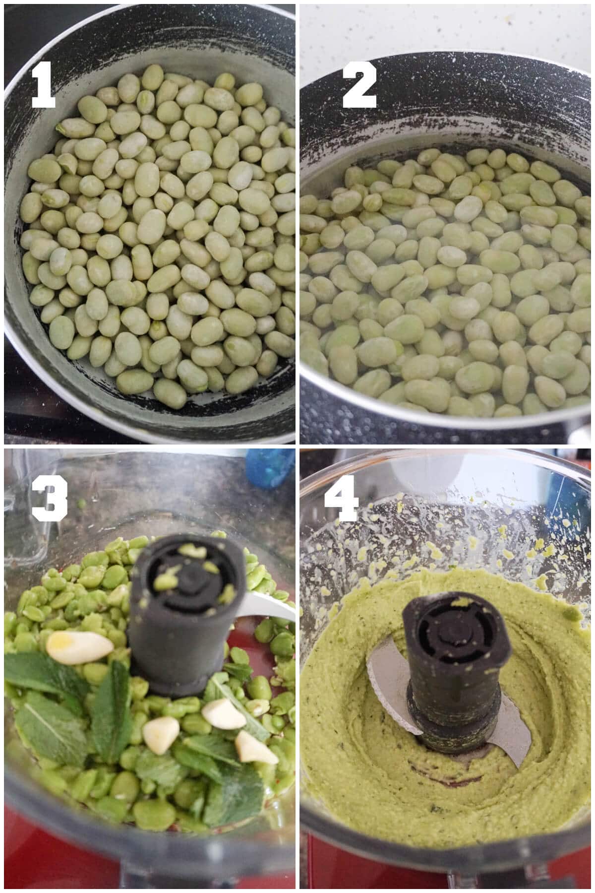 Collage of 4 photos to show how to make broad bean dip.