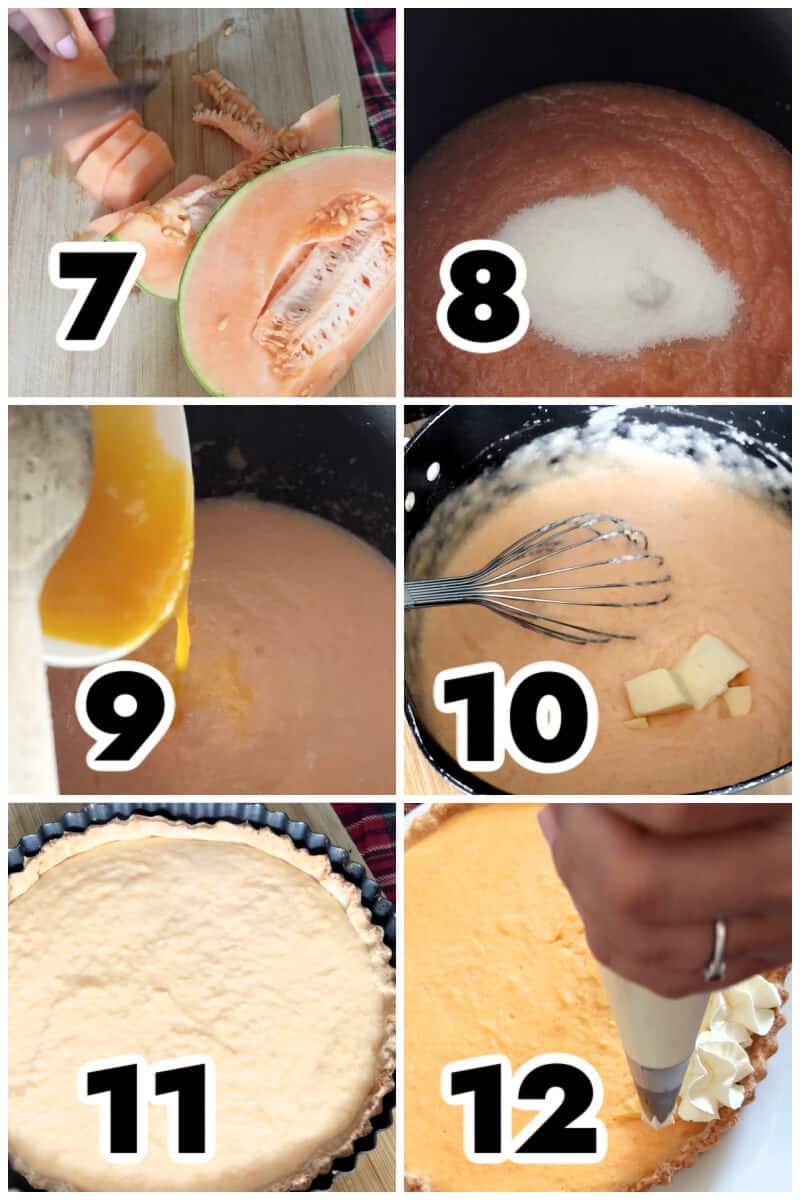 Collage of 6 photos to show how to make cantaloupe pie filling.