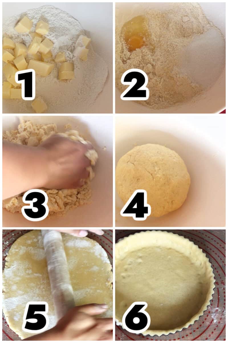 Collage of 6 photos to show how to make sweet shortcrust pastry.