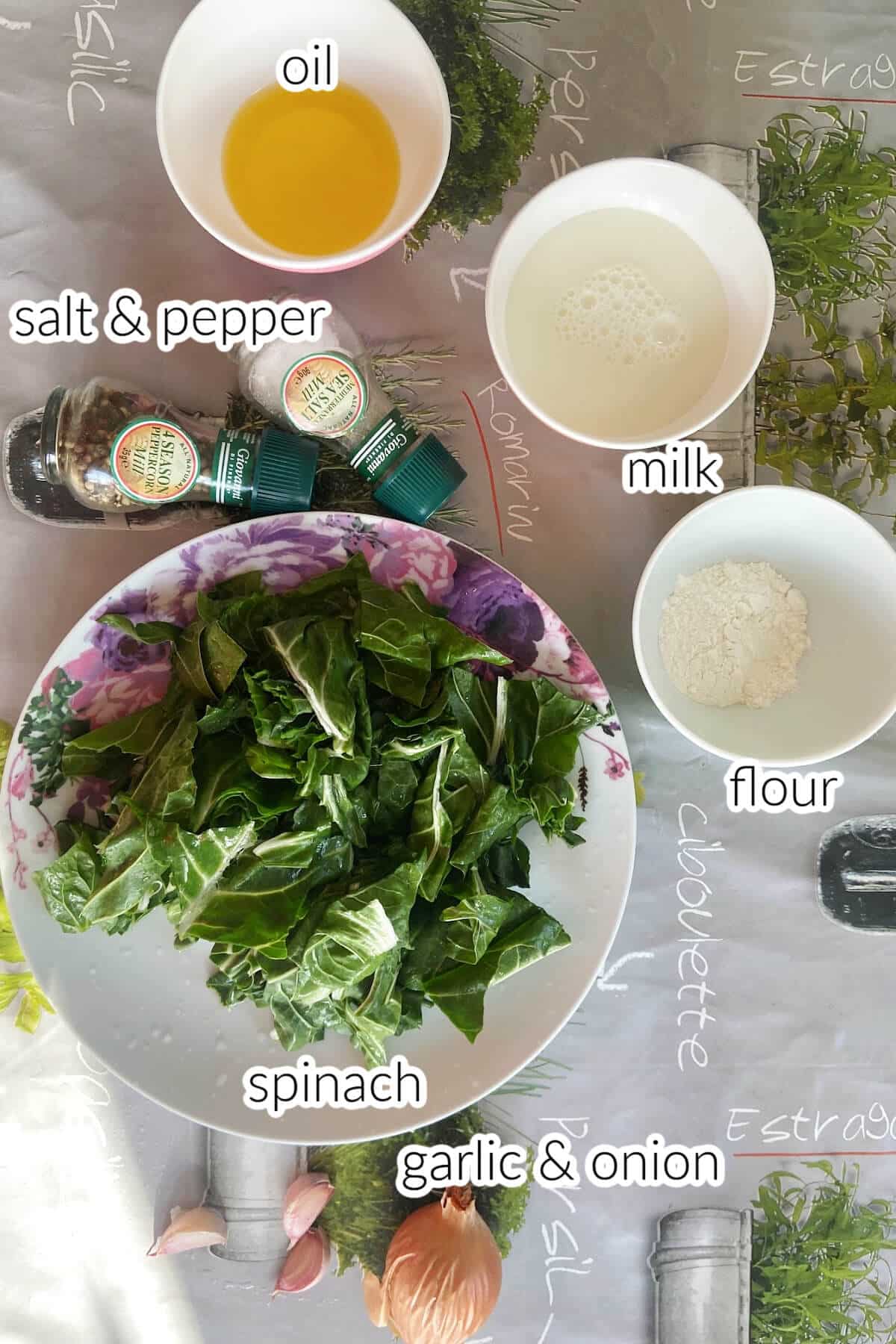 Ingredients needed to make creamed spinach.