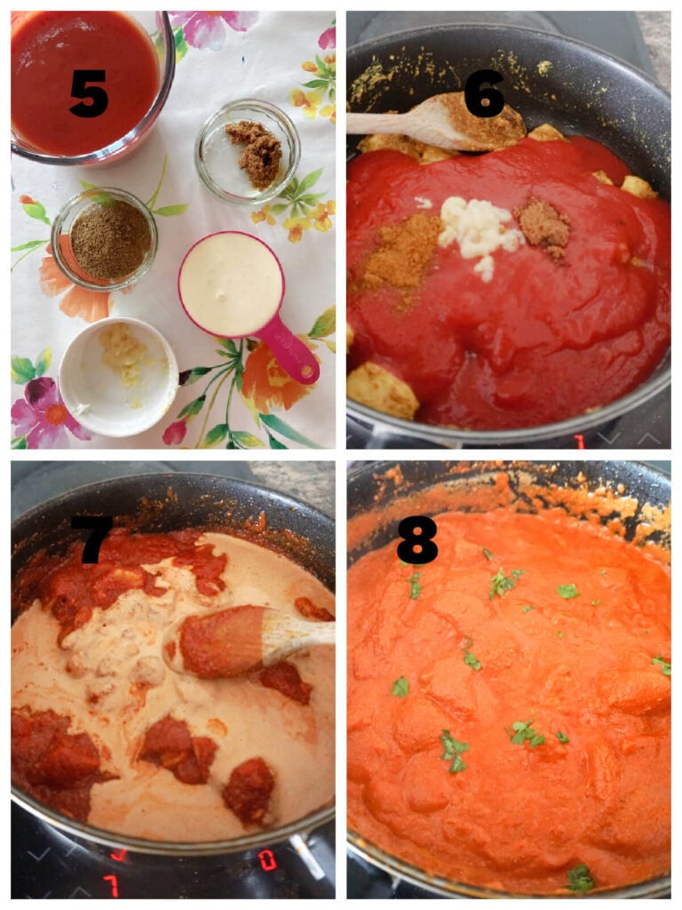 Collage of 4 photos to show how to make butter chicken sauce