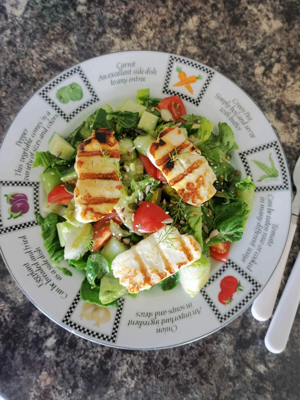 Overhead shot of a plate with grilled halloumi with salad.