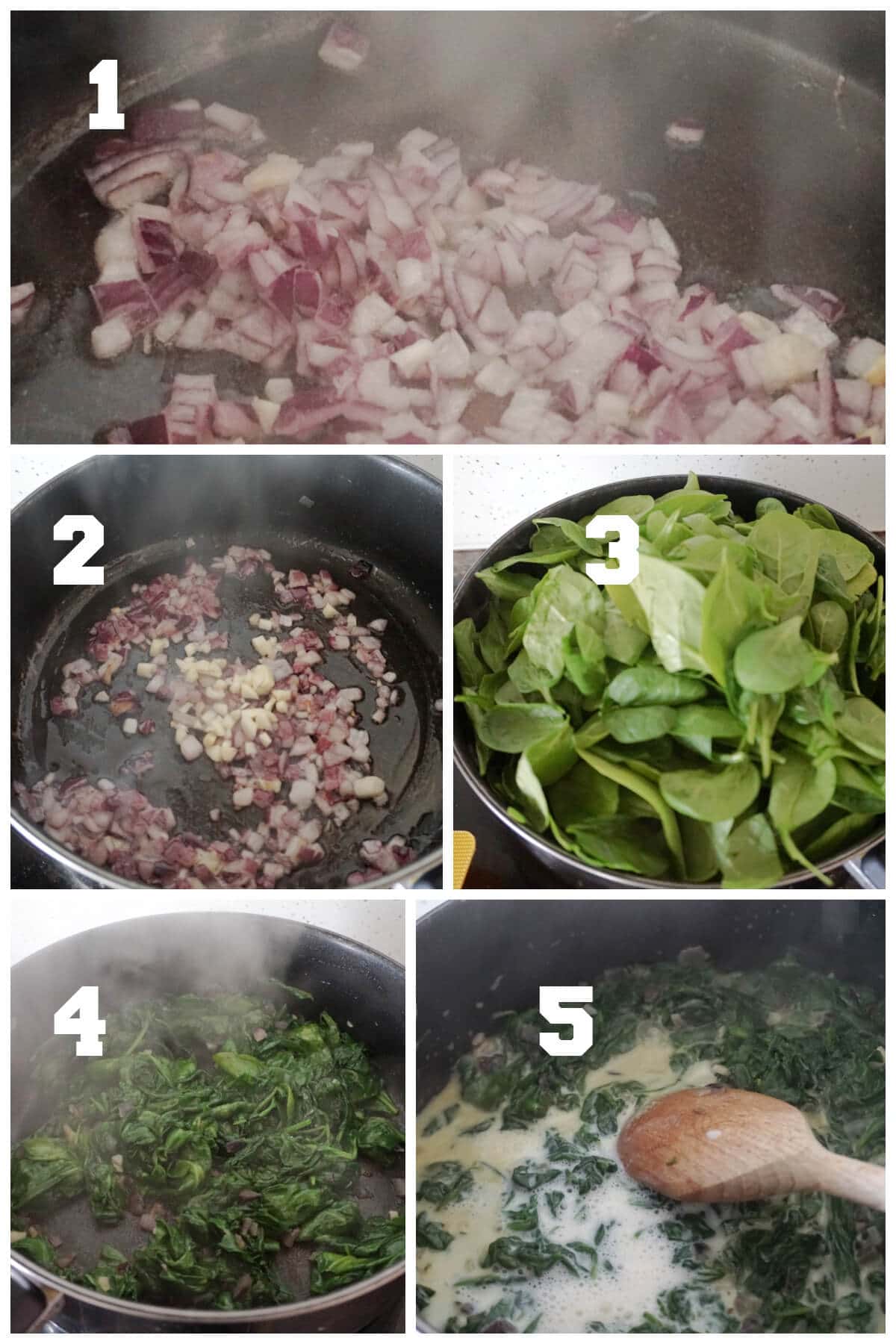 Collage of 5 photos to show how to make creamed spinach