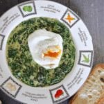 Overhead shot of a plate with spinach tip topped with a poached egg
