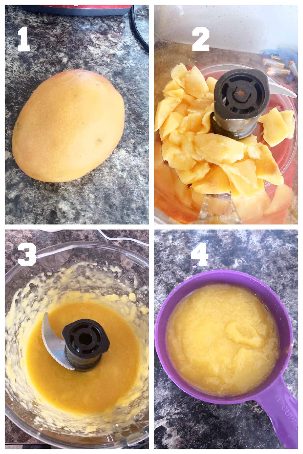 Collage of 4 photos to show how to make mango puree for custard.