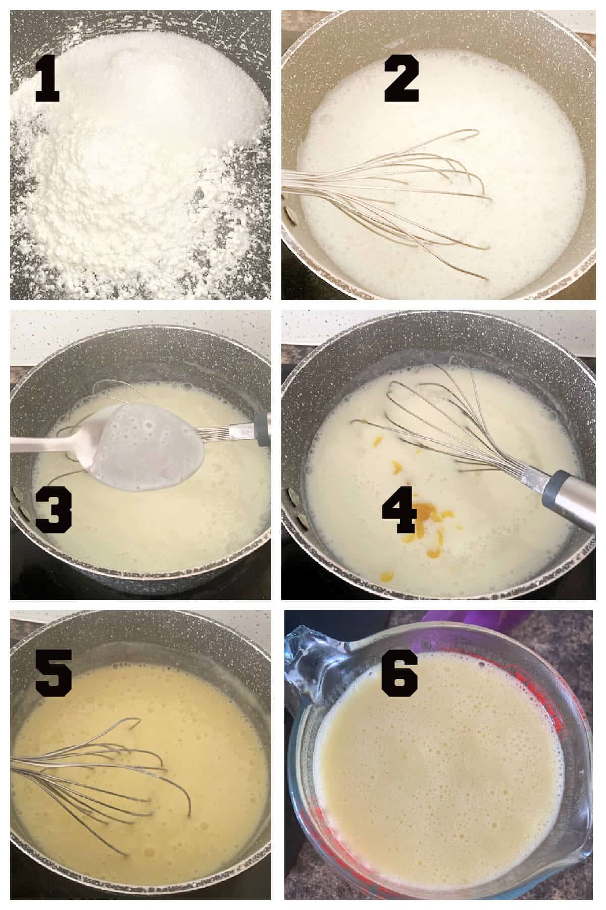 Collage of 6 photos to show how to make mango custard