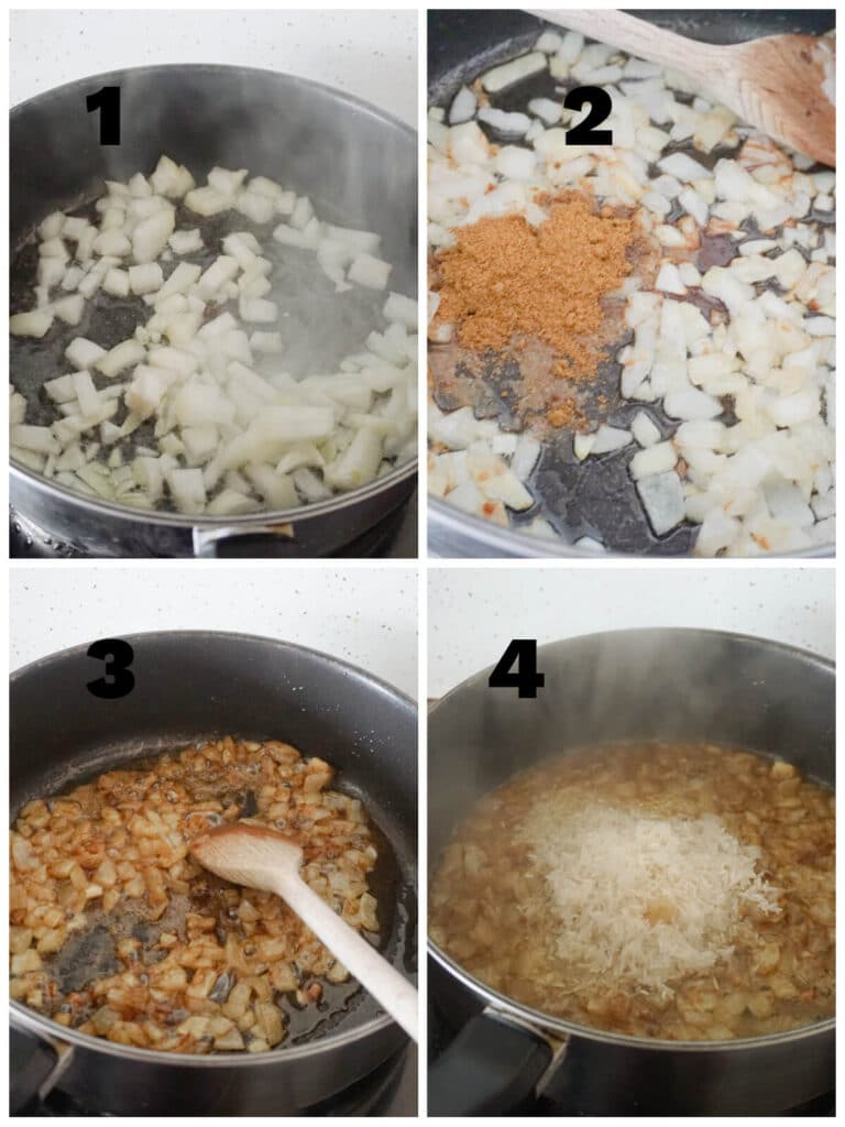 Collage of 4 photos to show how to make kedgeree