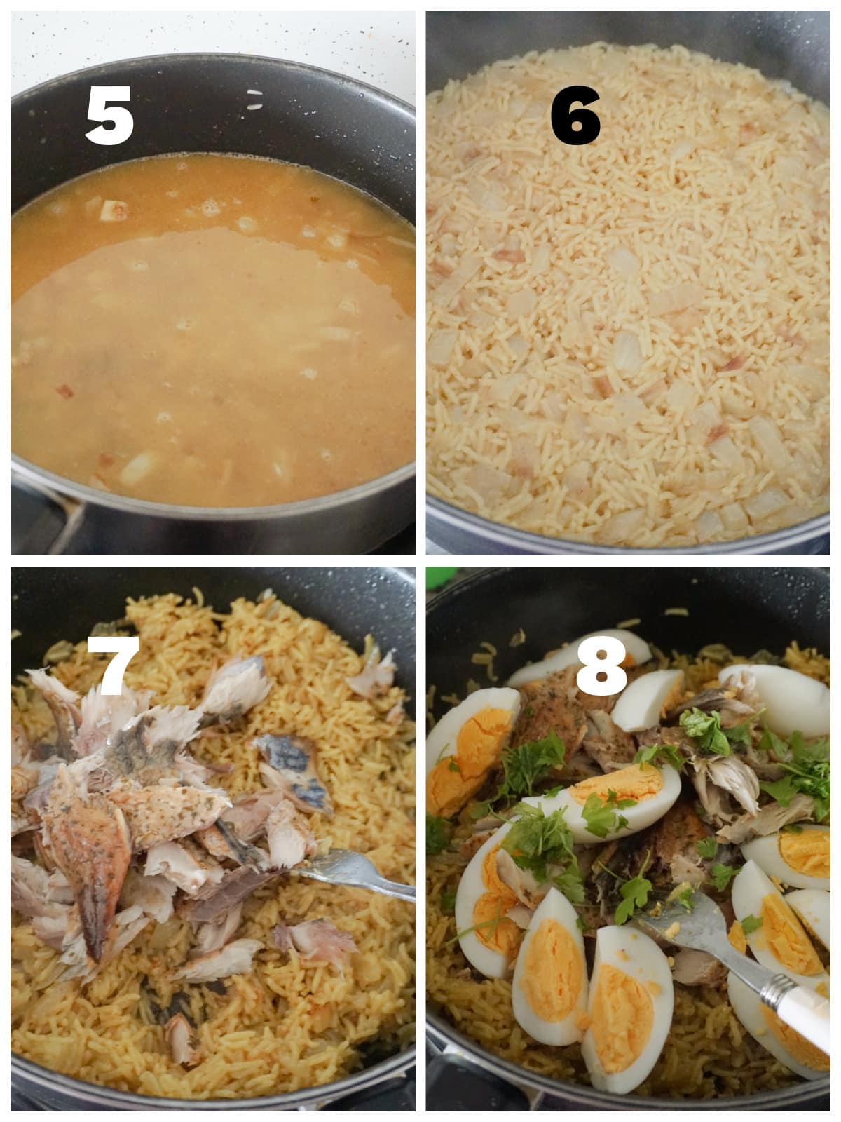 Collage of 4 photos to show how to make kedgeree with smoked mackerel.