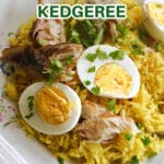 A white plate with smoked mackerel kedgeree.