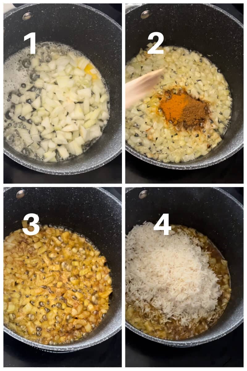 Collage of 4 photos to show how to make smoked mackerel kedgeree.