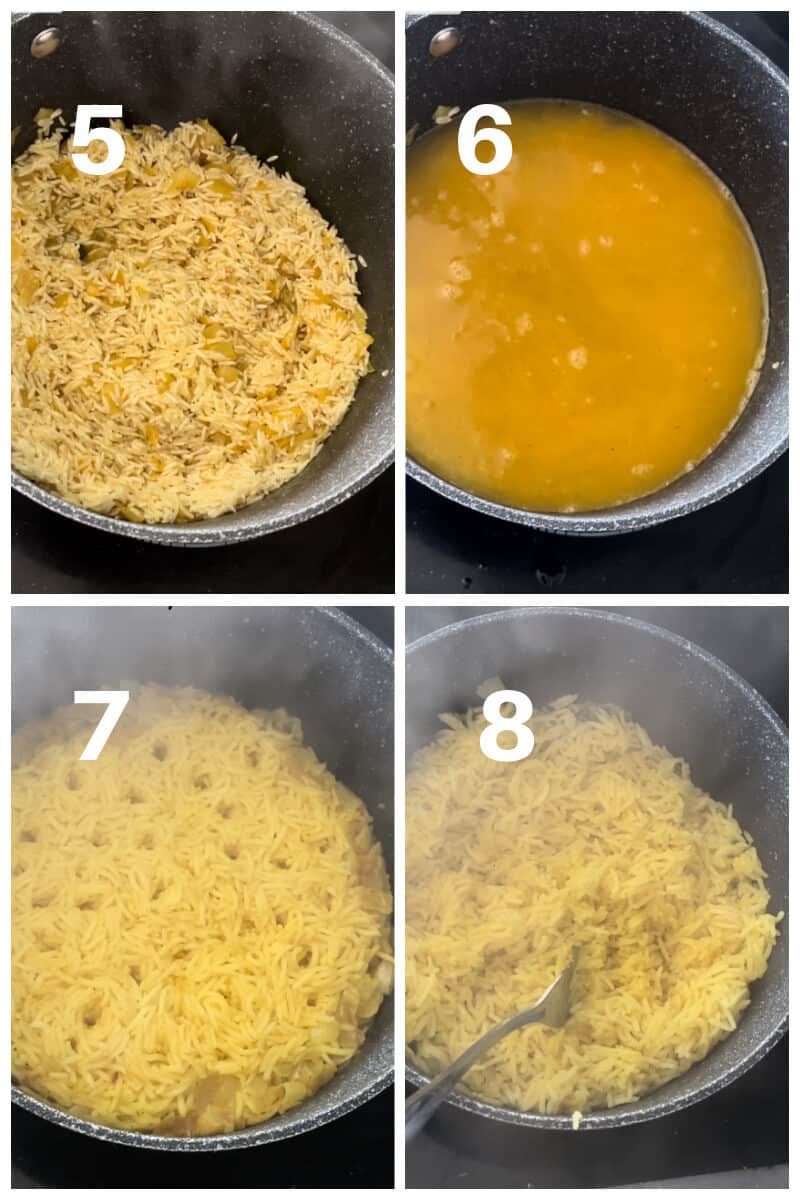 Collage of 4 photos to show how to make kedgeree with smoked mackerel.