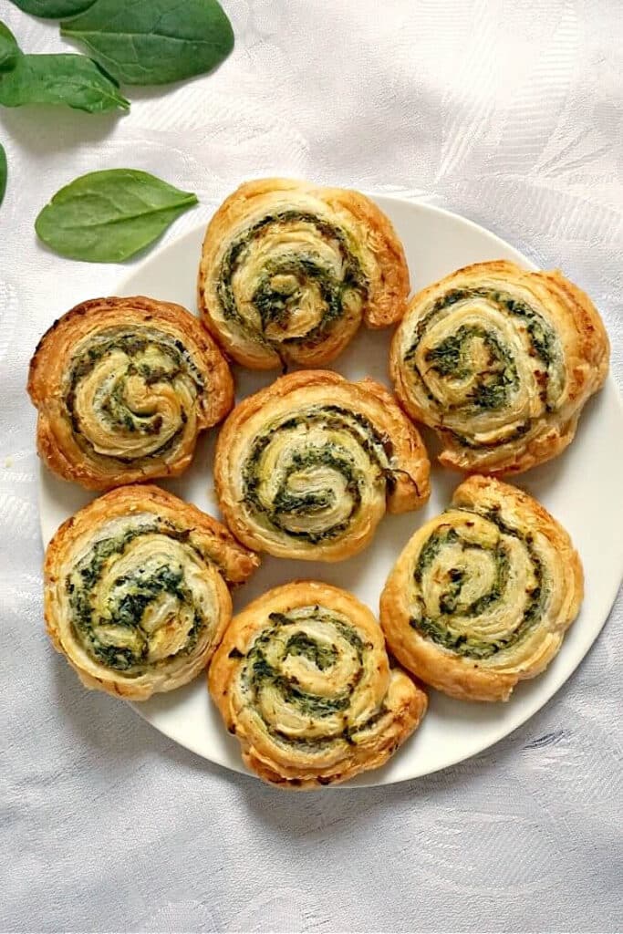 Overhead shoot of a white plate with 7 pinwheels