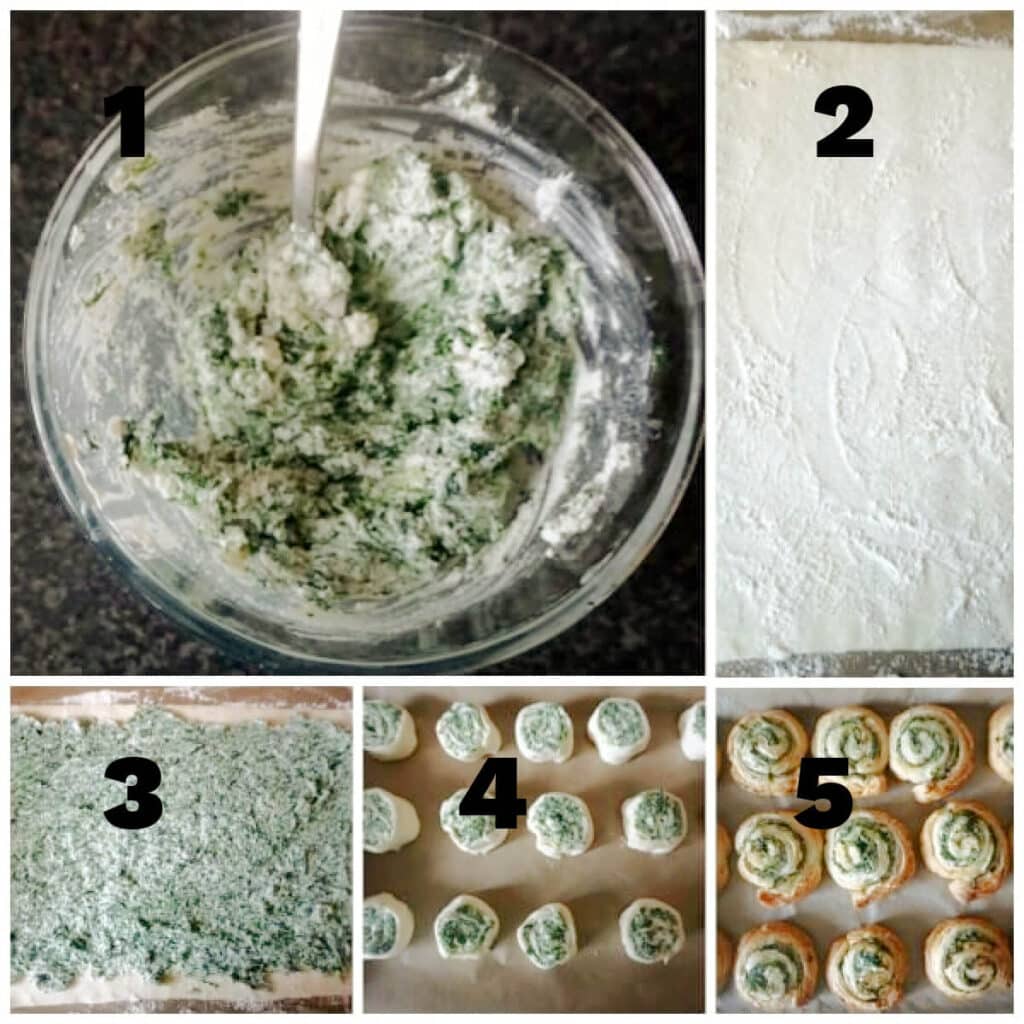 Collage of 5 photos to show how to make spinach and ricotta pinwheels