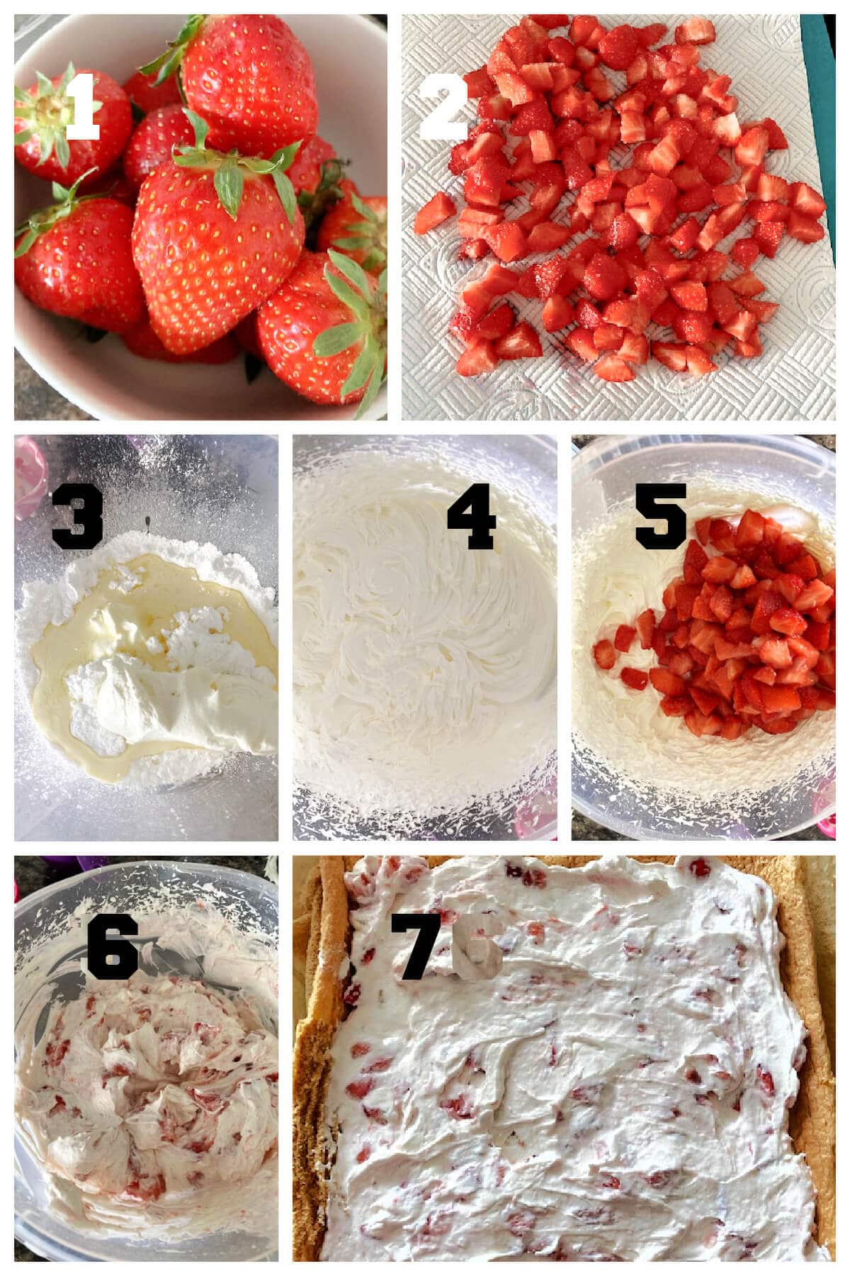 Collage of 7 photos to show how to make strawberry cream filling for a cake roll