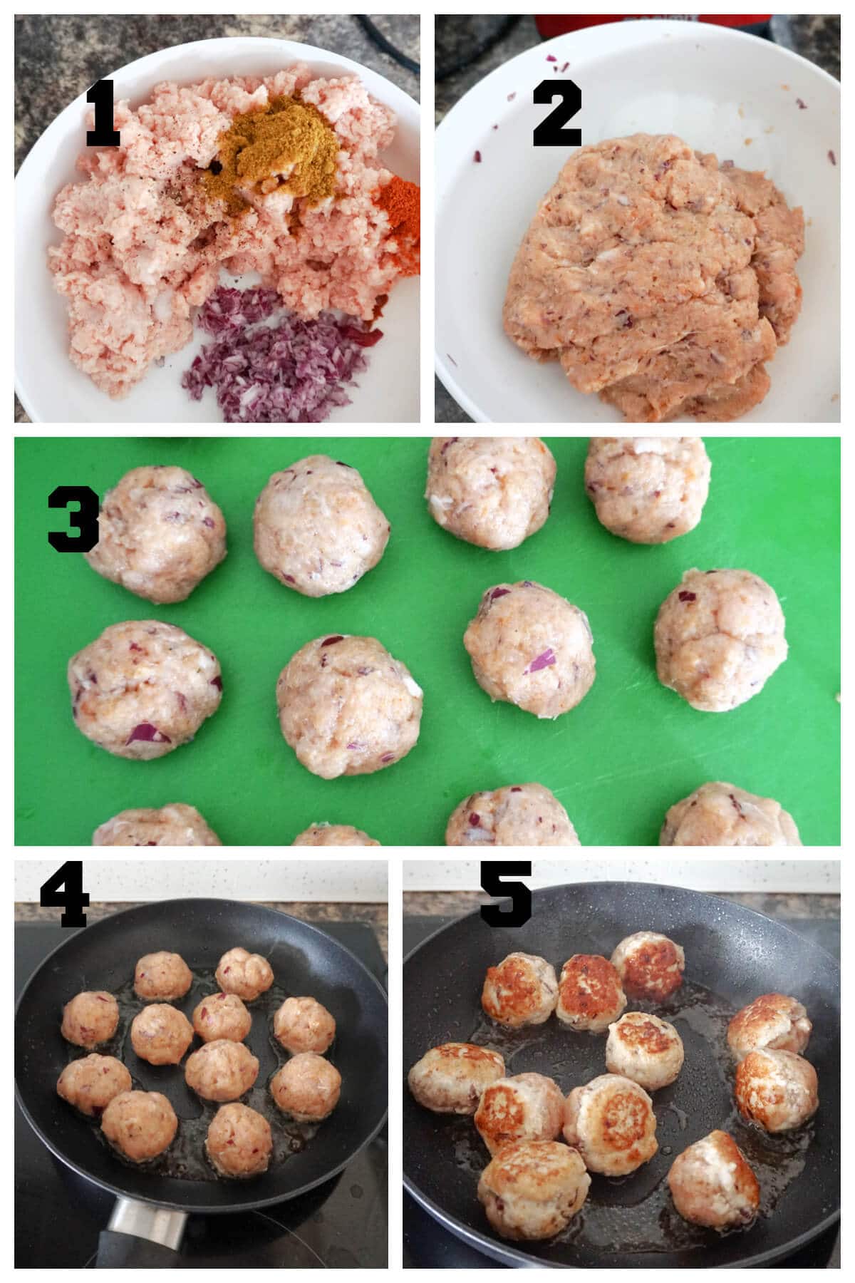 Collage of 5 photos to show how to make the turkey meatballs.