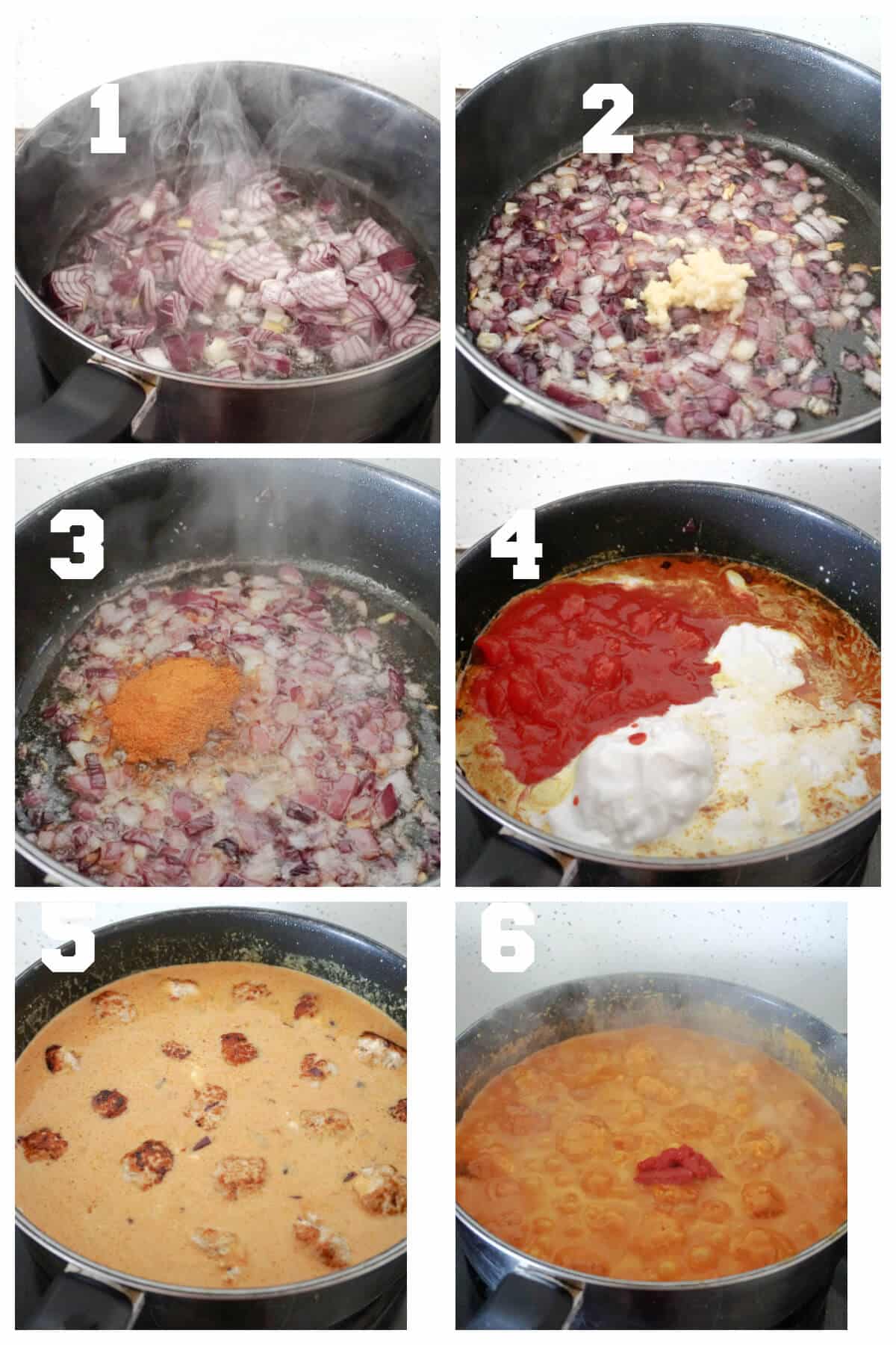 Collage of 6 photos to show how to make turkey meatball curry.