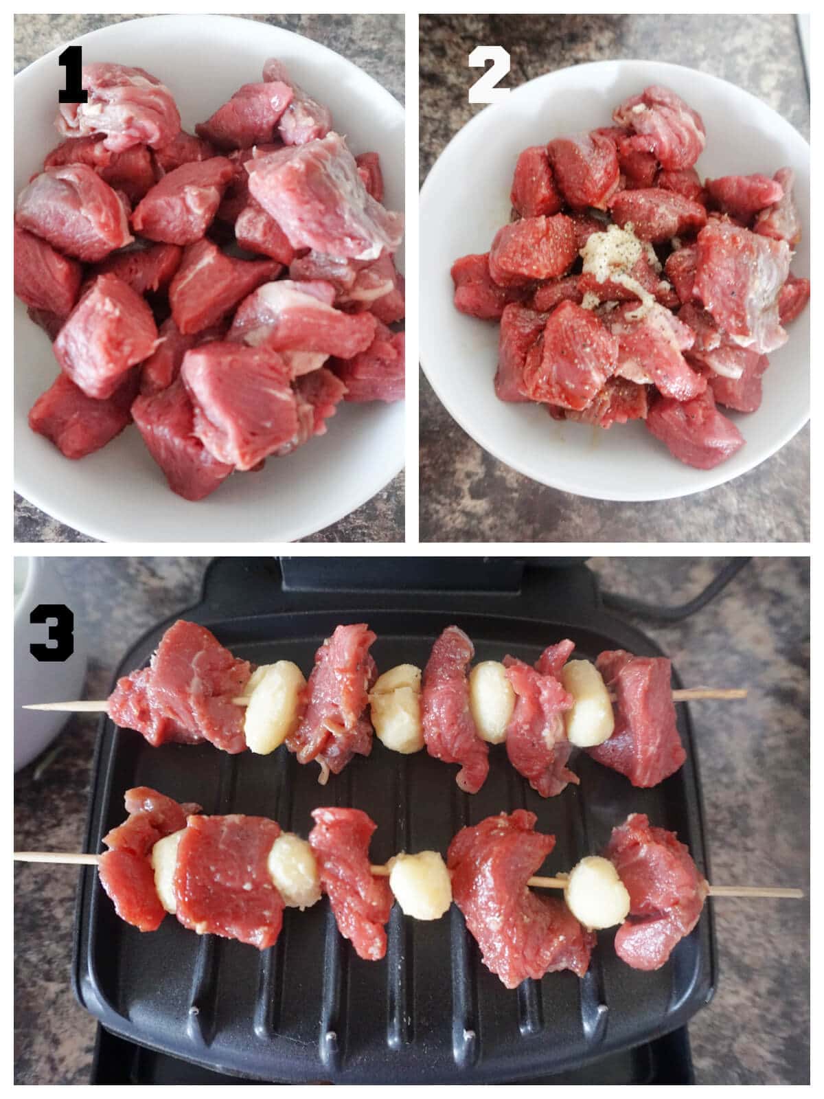 Collage of 3 photos to show how to make the gnocchi and beef skewers.