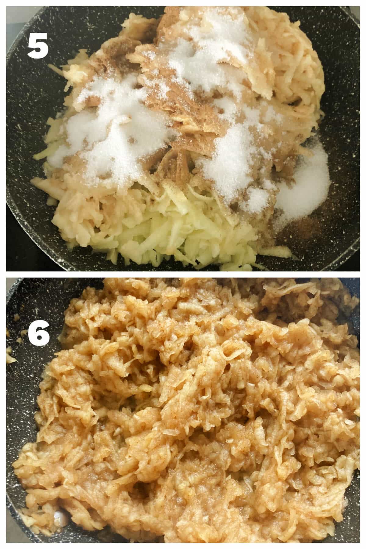 Collage of 2 photos to show how to make apple pie filling