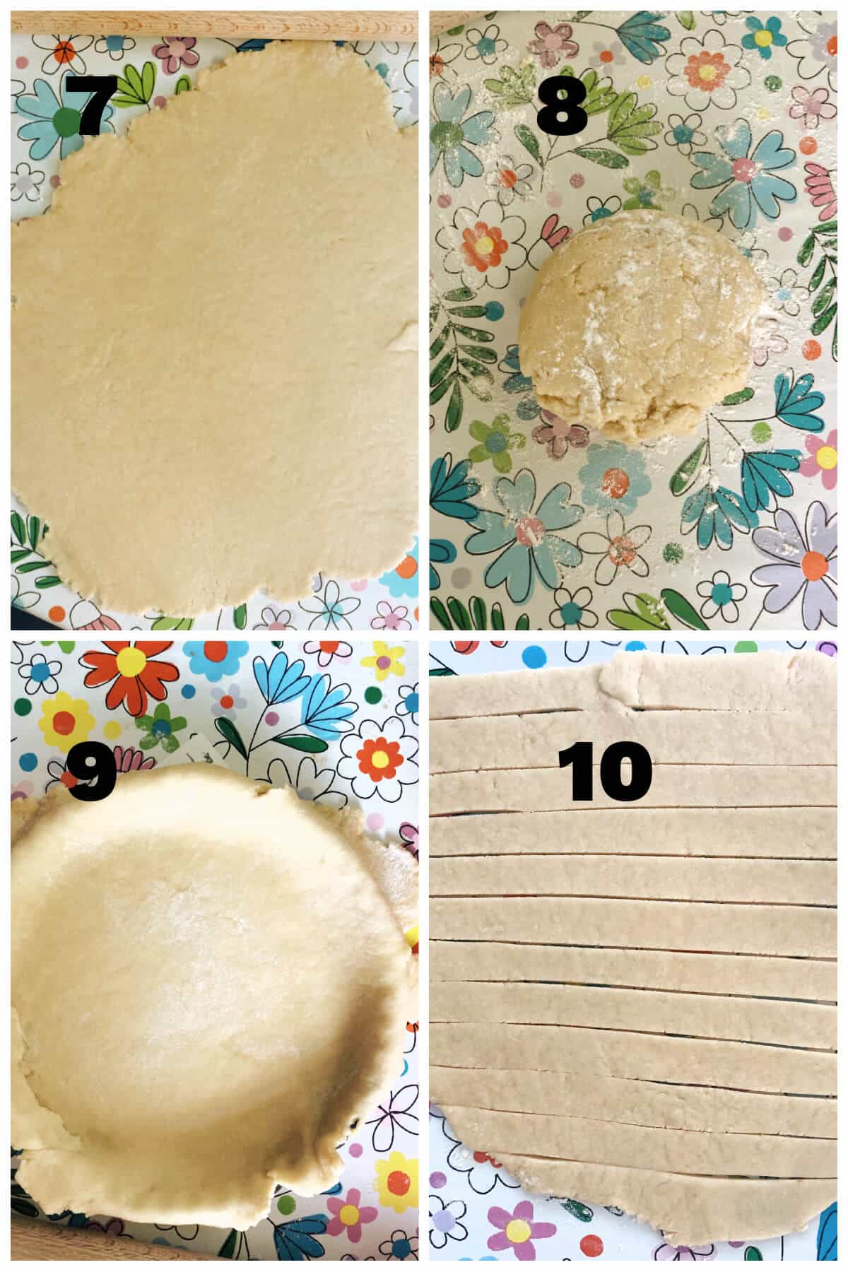 Collage of 4 photos to show how to prepare the dough for apple pie.