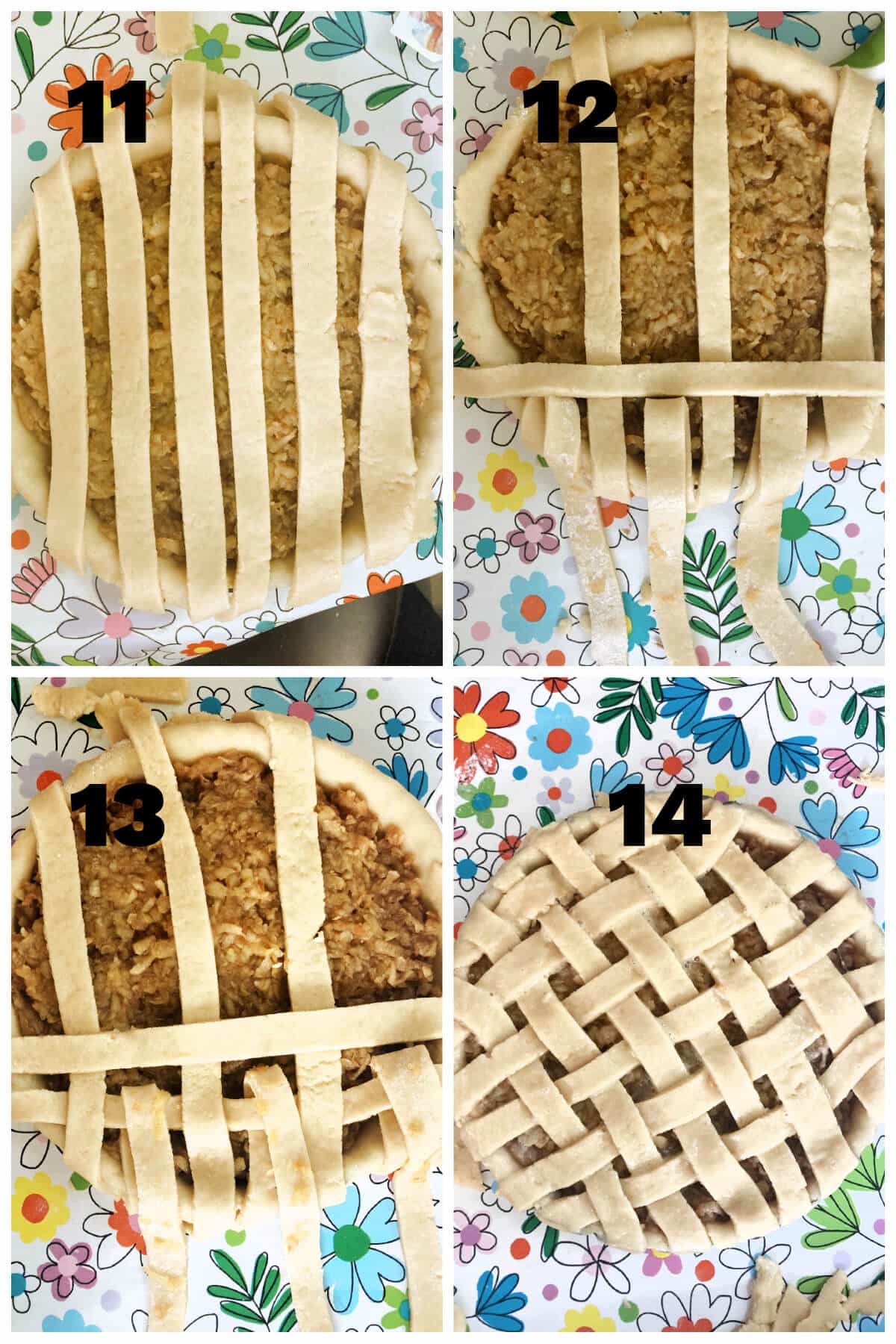 Collage of 4 photos to show how to lattice an apple pie.