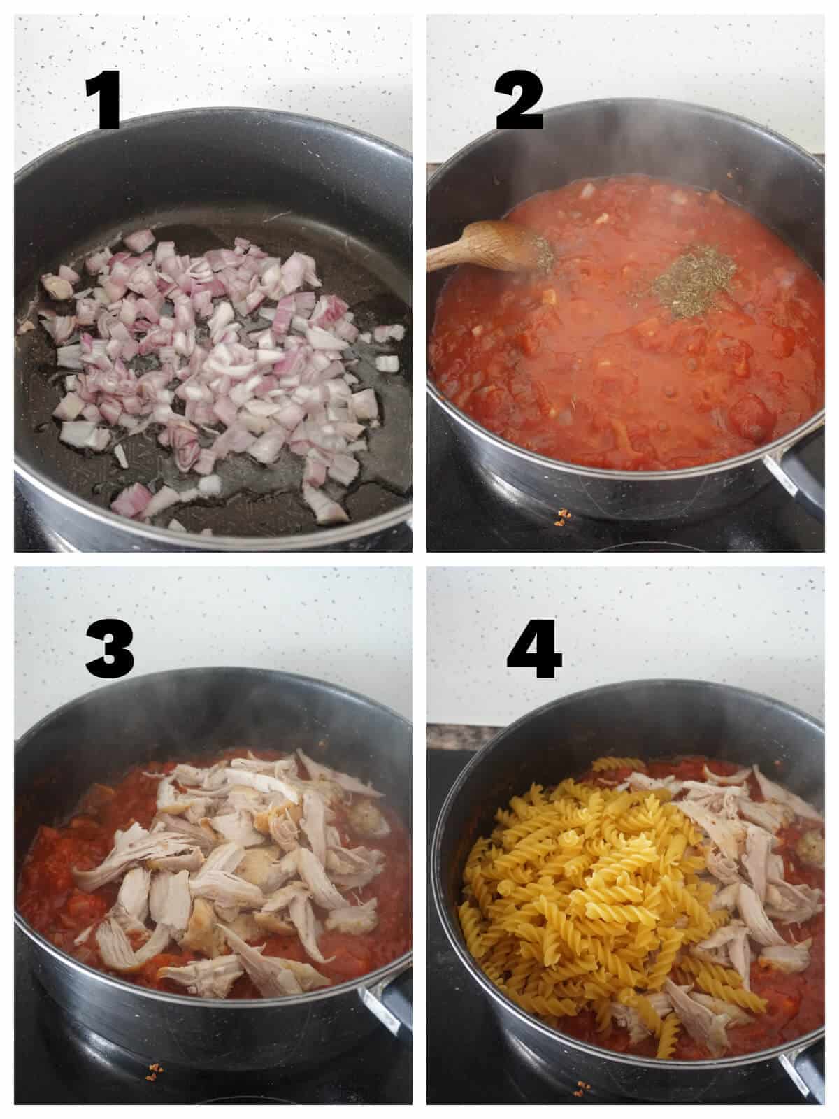 Collage of 4 photos to show how to make leftover roast chicken pasta
