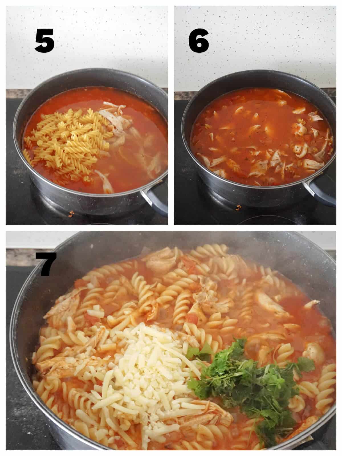 Collage of 3 photos to show how to make chicken pasta