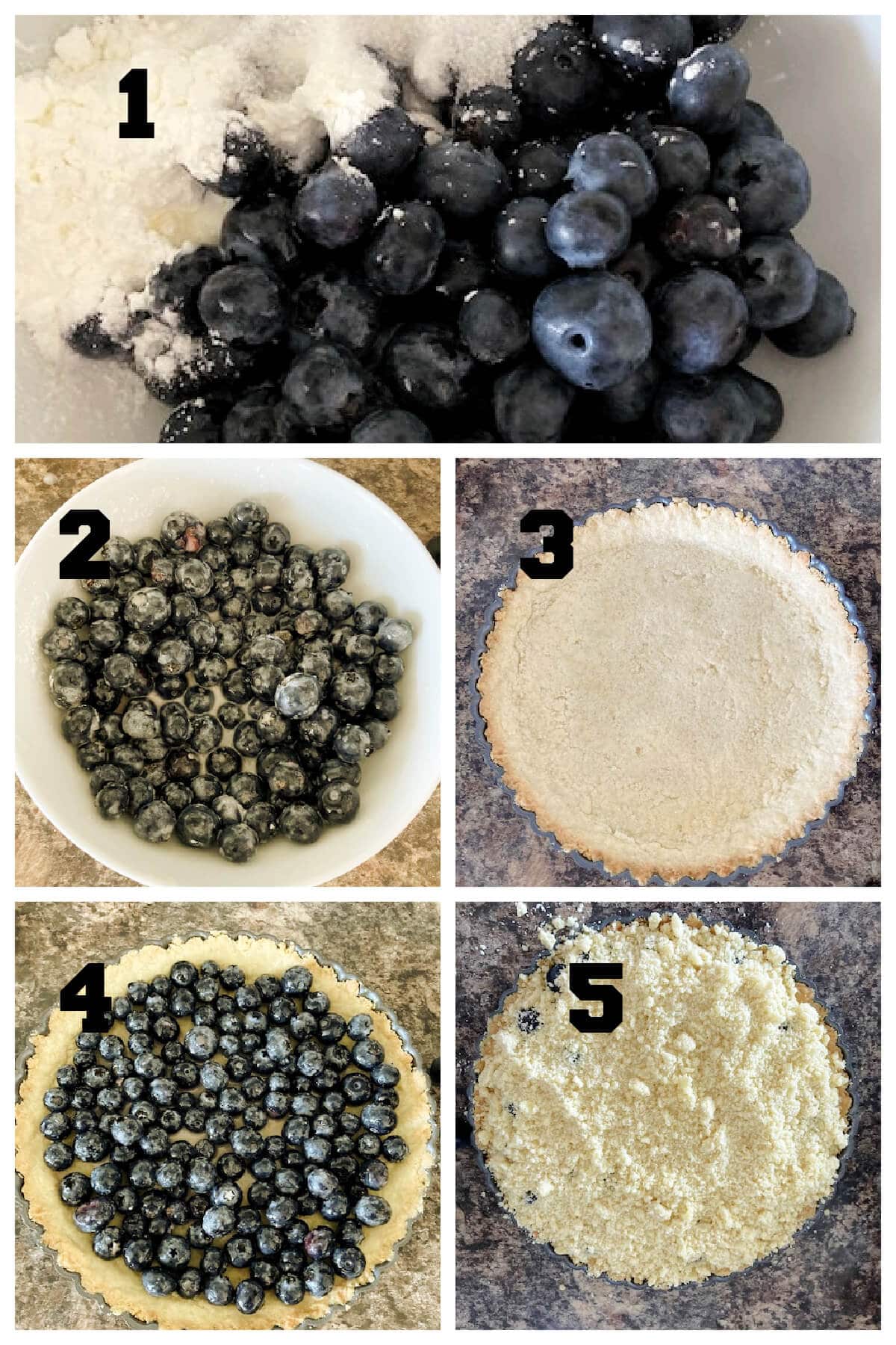 Collage of 5 photos to show how to make blueberry filling for pies.