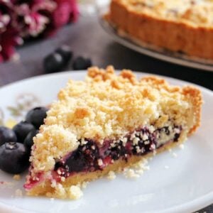 A slice of blueberry crumb pie on a white plate