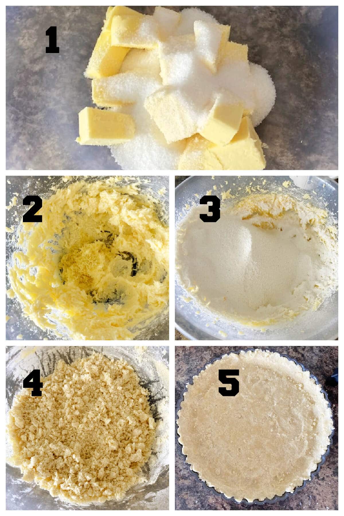 Collage of 5 photos to show how to make the crust for the blueberry pie.