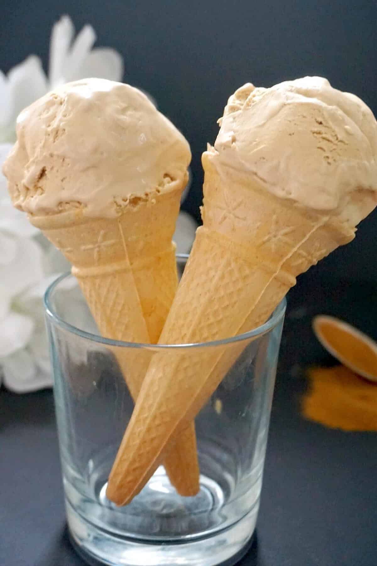 2 cones with ice cream in a glass