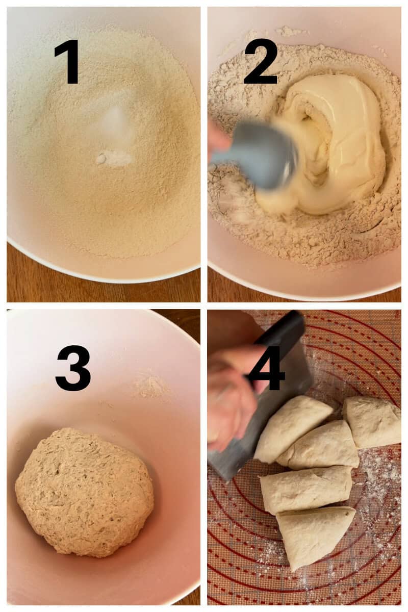 Collage of 4 photos to show how to make the dough for flatbread.