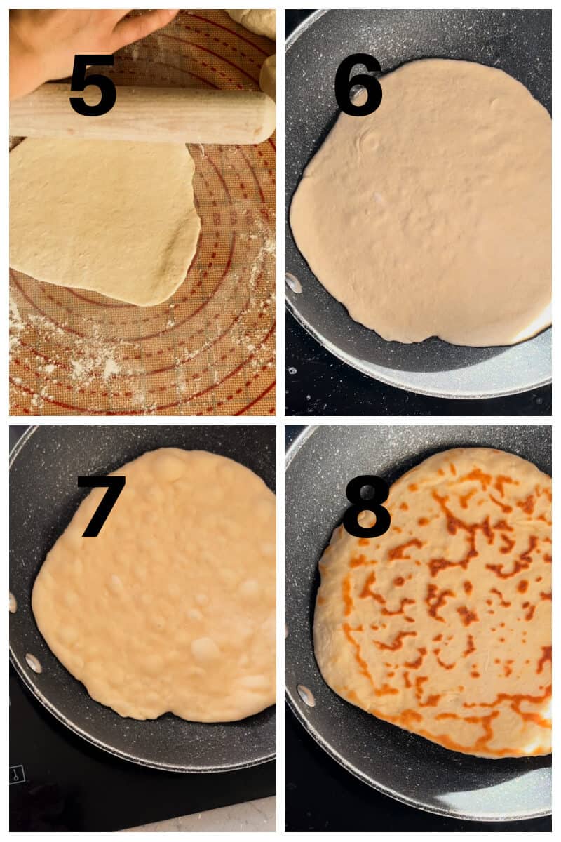 Collage of 4 photos to show how to make flatbread.