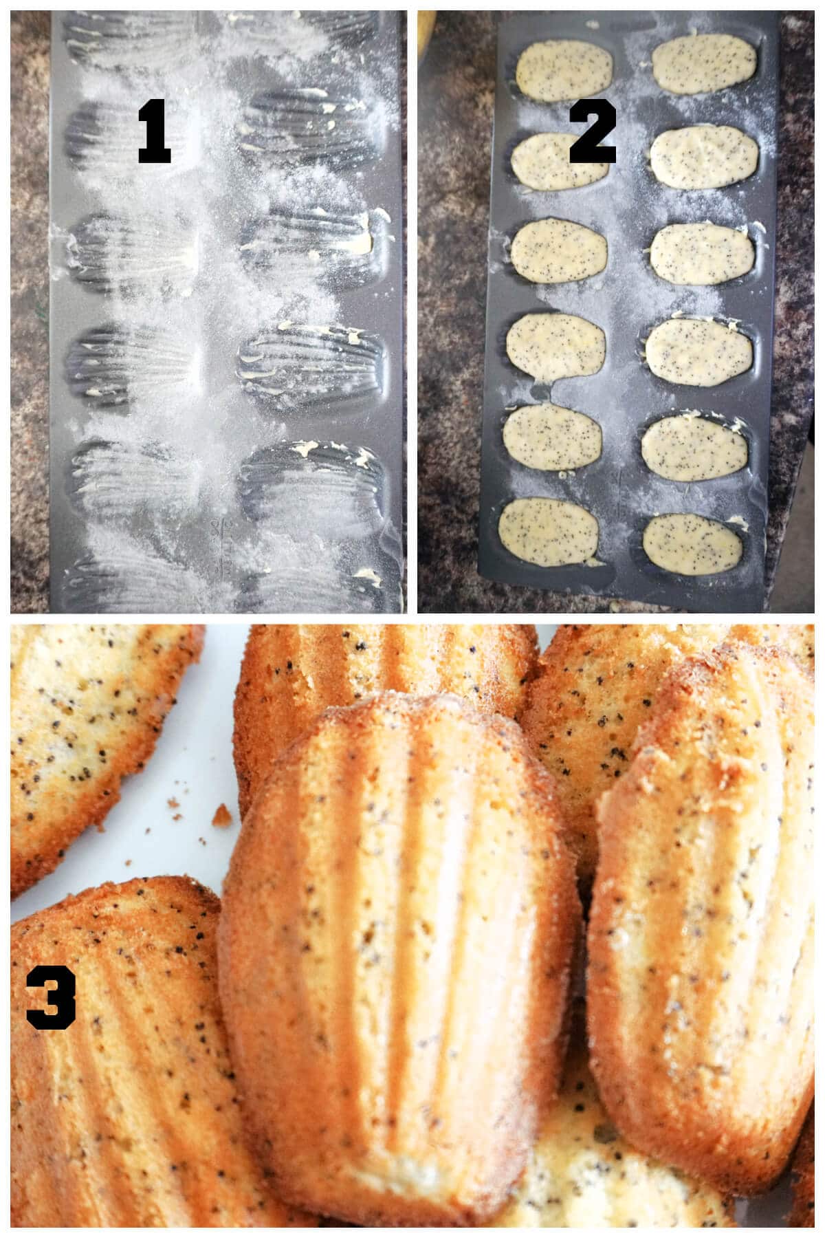Collage of 3 photos to show how to bake the lemon and poppy seed madeleines